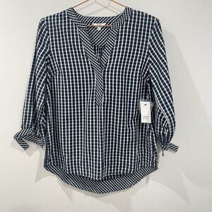 NWT Crown & Ivy Navy White Check Tie Cuffs  3/4 Sleeve Tunic Blouse Size XS